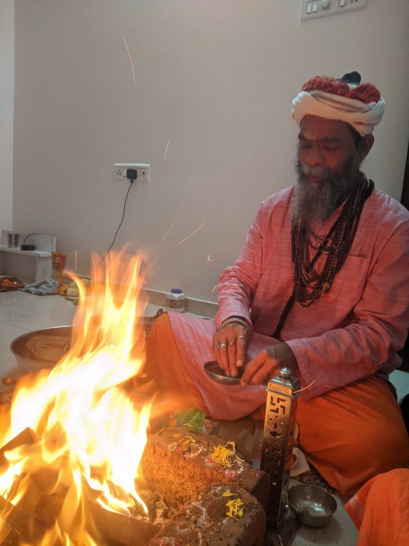 Sparks rising from the sacred fire during havan